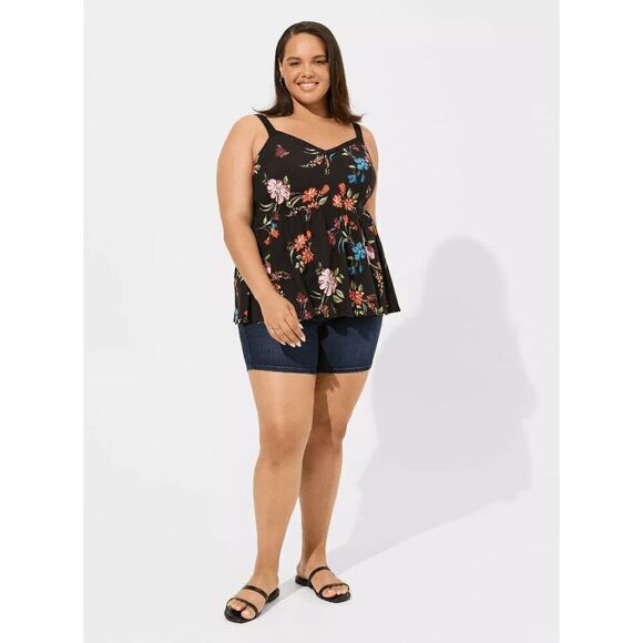 Torrid Black Red Blue Purple Floral Crochet Strap Peplum Challis Tank Top 1X - Picture 8 of 10
